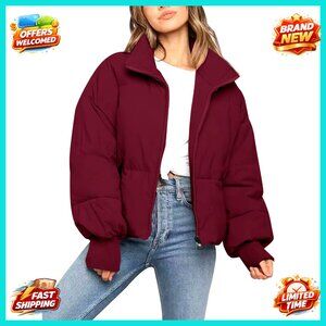 Cropped Puffer Jacket Oversized Quilted Winter Coat Warm Outerwear Pockets